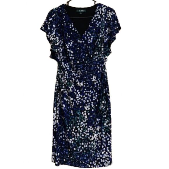 Lauren Ralph Lauren Dresses & Skirts - LAUREN Ralph Lauren BLACK MULTI FLORAL FAUX WRAP DRESS w/ FLUTTER SLEEVES Sz-2